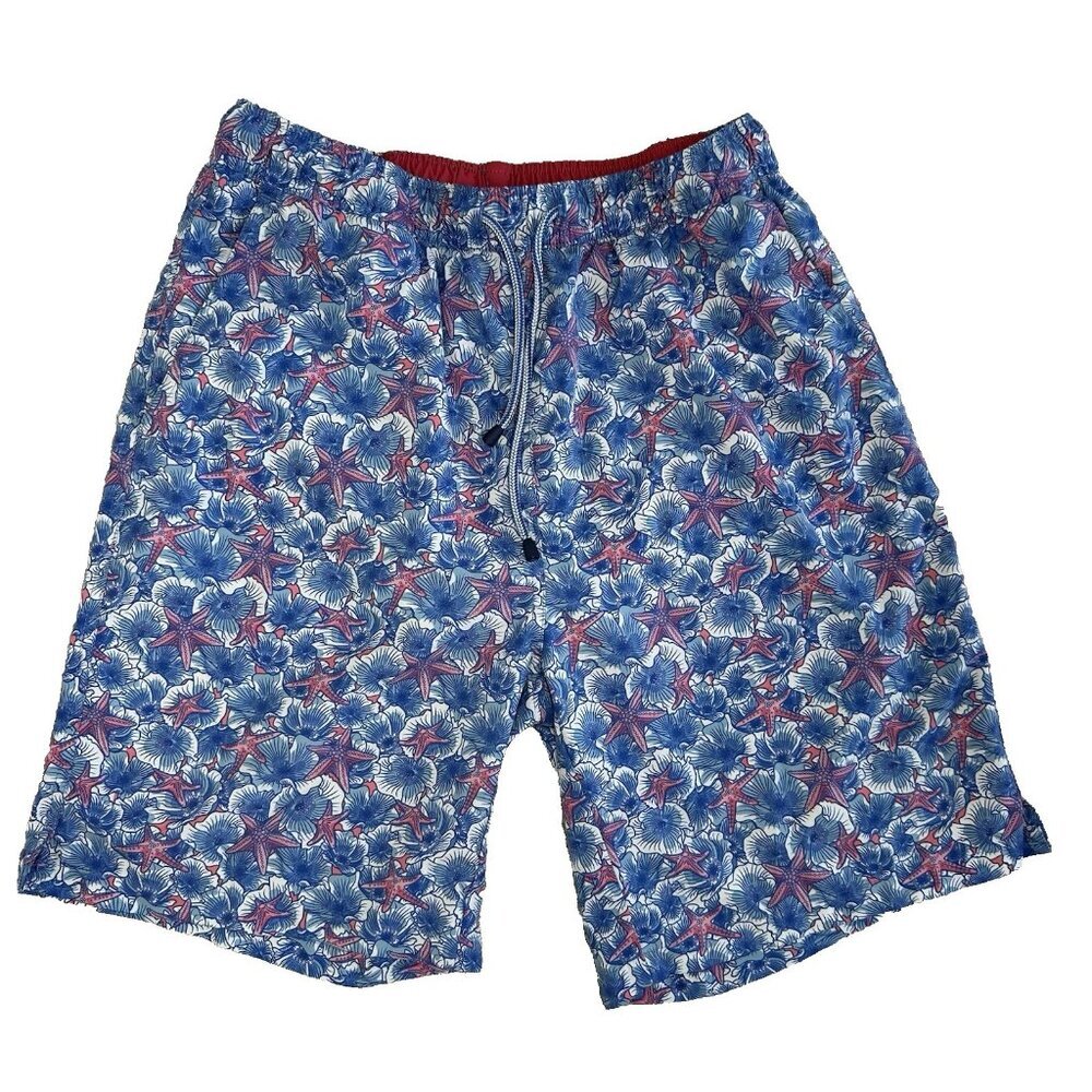 Peter Millar Swim Trunks Size M Blue Seaside Baja Flowers Starfish Beach